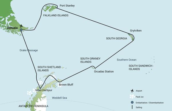 Reiseverlauf Kreuzfahrt Falklandinseln Südgeorgien Antarktische Halbinsel